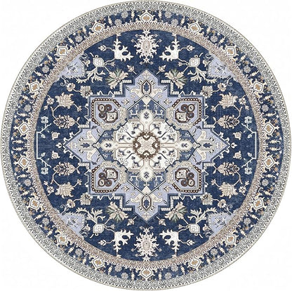OPPODREAM Soft Round Rug 4ft, Washable Circle Rug 4ft with Non Slip Backing Play Room, Low-Pile Carpet 4 ft, Small Faux Cashmere Throw Carpet, Navy Blue & Gold