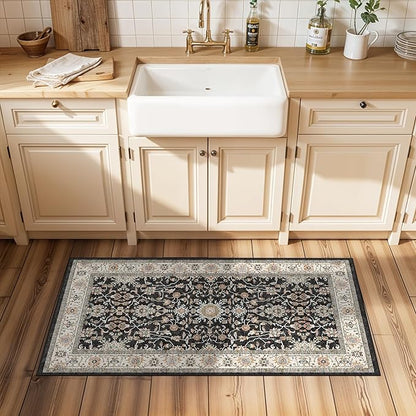 TOPRUUG 2x4 Entryway Runner Rug: Non-Slip Stain Resistant Rugs for Hallway Entry Low-Pile Soft Durable Small Door Mat Vintage Carpet for Entrance Bathroom Kitchen (Black, 2x4)