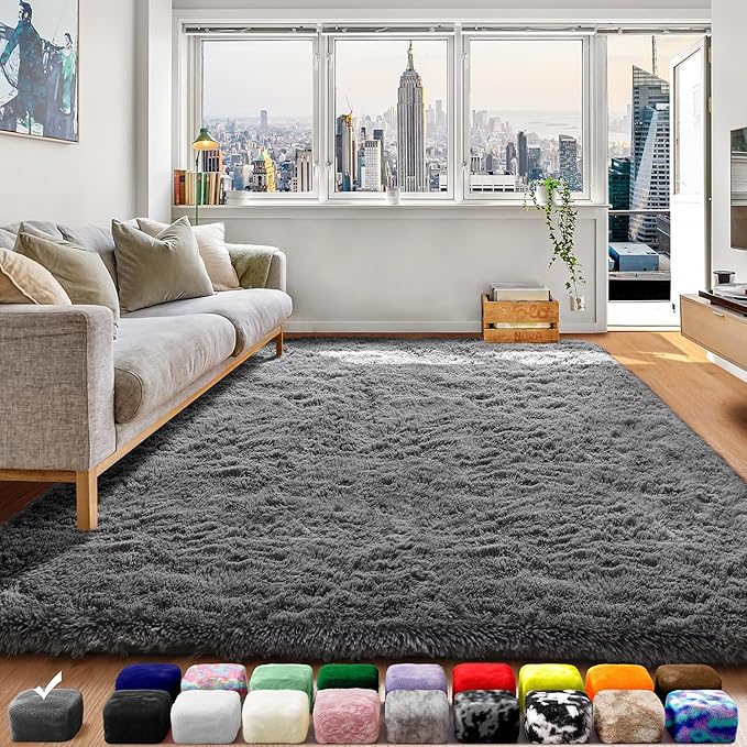 ONASAR Grey Area Rugs for Bedroom Living Room, Fluffy Fuzzy Shag Shaggy 4x6 Bedside Rug, Gray Soft Plush Indoor Floor Carpet for Nursery Kids Girls Boys Teen Dorm Home Office Decor Aesthetic