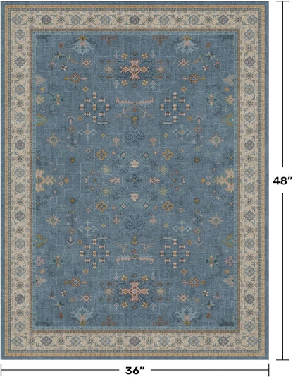 Washable Blue Rugs for Entryway Indoor - 3x4 Throw Rug for Large Kitchen, Bedroom Bedside, Bathroom, Mudroom, Boho Eclectic Modern Décor, Non Slip Low Pile Fade Resistant