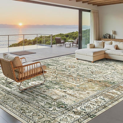 9x12 Area Rugs for Living Room, Non Slip Machine Washable Vintage Rugs, Low Pile Lightweight Large Rug for Bedroom, Dining Room, Home Office Olive