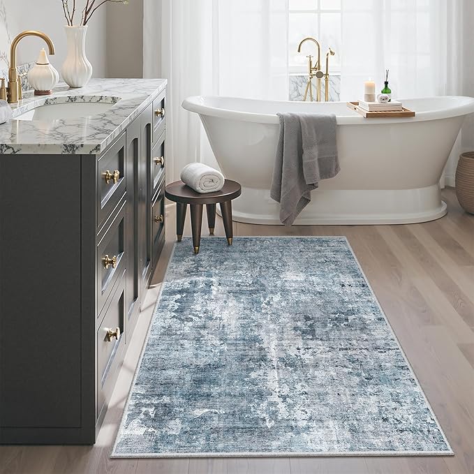 3x4 Rug, Small Area Rug for Kitchen, Entryway, Machine Washable Non-Slip Throw Rug, Vintage Carpet for Nursery Coffee Table Blue/Grey