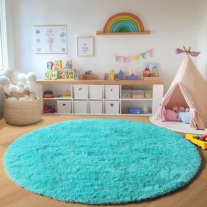 ONASAR Teal Blue Round Area Rug 4ft, Soft Fluffy Bedroom Bedside Floor Circle Rugs for Kids Girls Boys Teen Room, Cute Fuzzy Furry Plush Shaggy Carpet for Nursery Living Room Playroom Dorm Home Decor