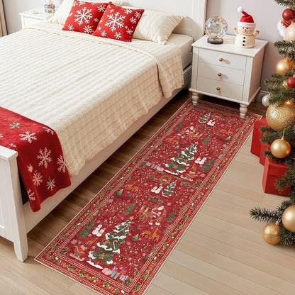 UERMEI Christmas Runner Rug for Hallway: 2x6 Neutral Modern Festive Low Pile Soft Thin Indoor Carpet for Bedroom Kitchen Mat Kids Room Holiday Decor - Red
