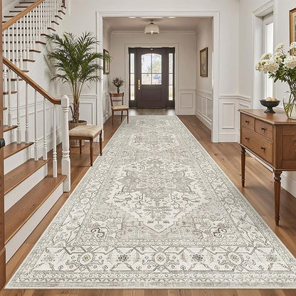 Madane 4x12 Wide Hallway Runners: Washable 12ft Runner Rug for Entryway Living Room Soft Vintage Non Slip Carpet Runner for Kitchen Dining Room Nursery Bedroom Thin Area Rug (Beige/Brown, 4x12ft)