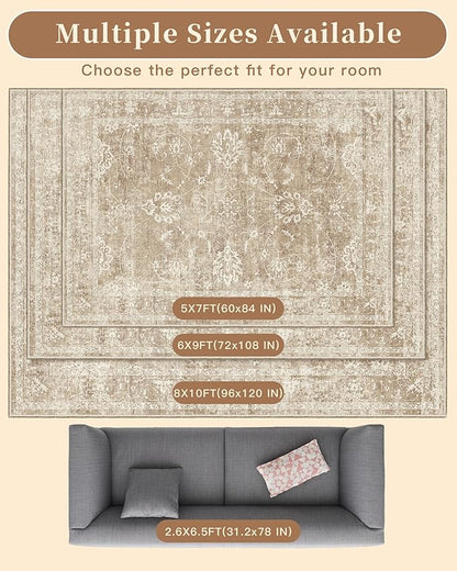Madane Rug Runner for Hallways 2.5x8, Washable Kitchen Runner Rugs with Non Slip Backing, Soft Floral Print 2'6''x8 Carpet Runners for Laundry Room, Bedroom, Beige/Brown