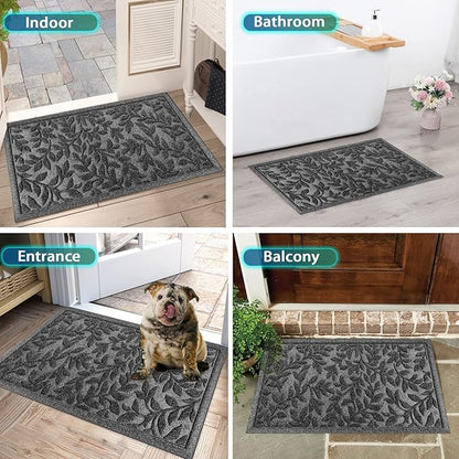 Bulijojo Sturdy Front Entrance Doormats,Durable Heavy Duty Welcome Mat,Thick Absorbent Natural Rubber Non Slip Mat,Easy Clean Entryway Mat Leaves Grey 23"x35"