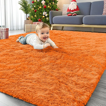OLANLY Area Rugs for Living Room Bedroom, Machine Washable 4x5.9 ft Soft Fluffy Shaggy Bedside Rug, Indoor Floor Carpet for Kids Girls and Boys, Dorms, Nursery Rooms, Home Decor Aesthetic, Orange