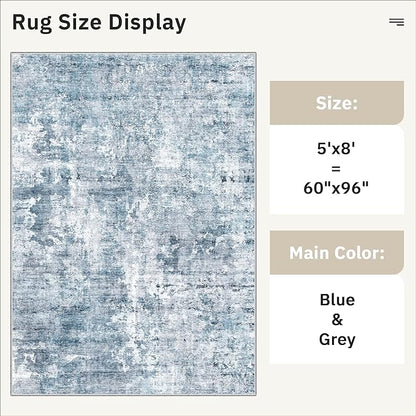 5x8 Area Rugs Blue/Grey Low Pile Indoor Washable Trendy Faded Style Rugs for Bedroom Living Room Dining Room Foldable Non-Slip Thin Print Home Office Mat