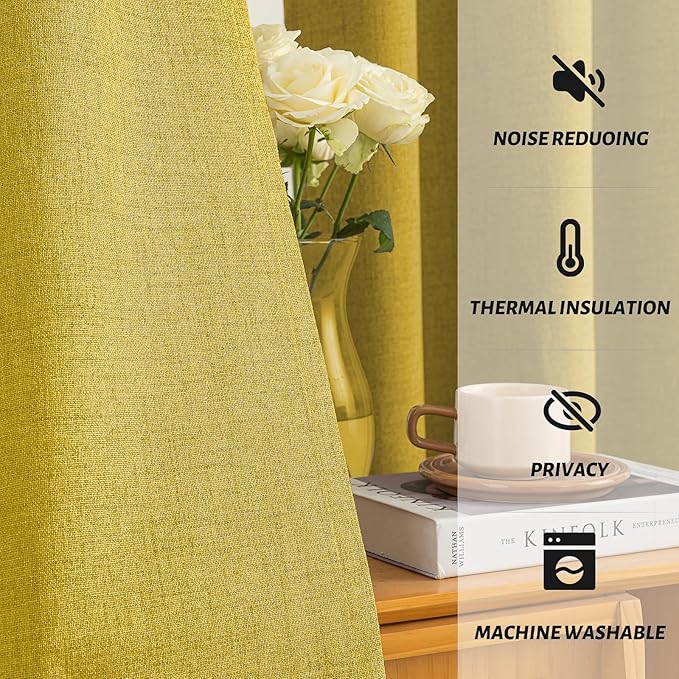 Yakamok Mustard Yellow Linen Curtains 100% Blackout 84 Inches Long,Room Darkening Textured Curtains for Living Room Thermal Grommet Bedroom Curtain 2 Panels with White Liner