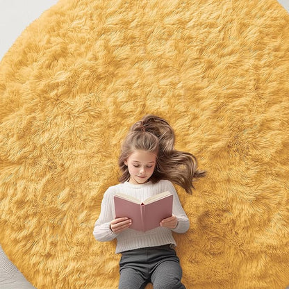 OLANLY Mustard Yellow Round Rugs for Bedroom - Machine Washable, 7 ft Circle Area Rugs for Living Room, Soft and Fluffy Shaggy Carpet for Teen Girl and Boys, Nursery Rooms, Dorms, Home Decor Aesthetic