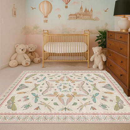 Hazo Haus Neutral Girl Nursery Rug 4x6 - Beige & Pink Rugs for Bedroom, Living Room - Washable Low Pile Non-Slip Charming Insect Print Vintage Girly Design, Perfect for Kids Rooms