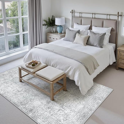 PureCozy 6x9 Area Rug Washable Vintage Living Room Carpet Large Indoor Non Slip Grey Bedroom Distressed Low Pile Retro Accent Throw Rug for Dining Room