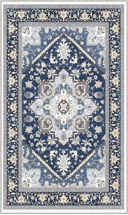 OPPODREAM Soft Area Rugs 3x5, Washable Rugs with Non Slip Backing, Low-Pile Throw 3x5 Carpet, Faux Cashmere 3 x 5 Carpet, Navy Blue & Gold