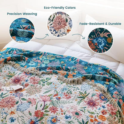 MSGKV Boho Throw Blanket 50"x60" Couch Floral 100% Cotton Blanket Spring Breathable Lightweight Farmhouse Blankets for Sofa Home Decor Muslin Guaze All Seasons