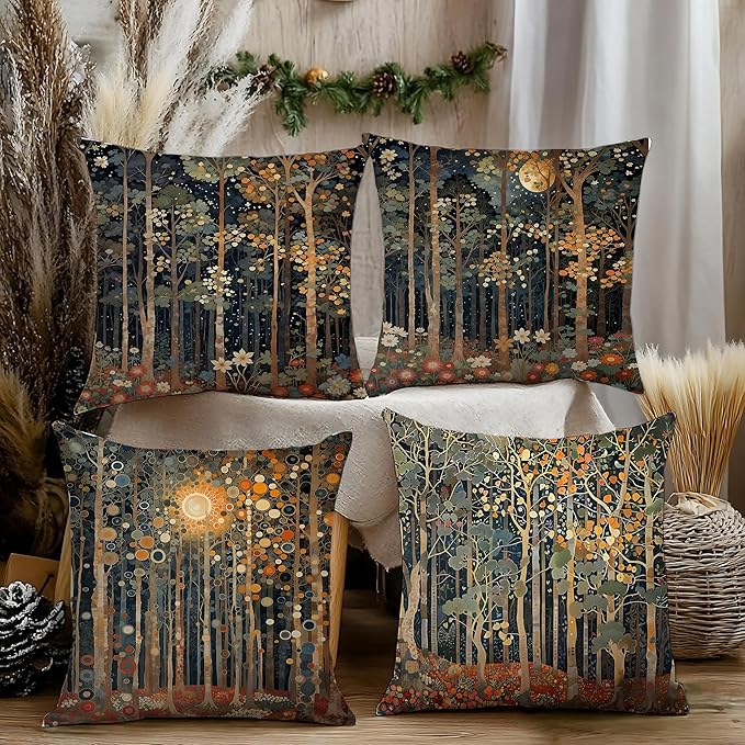 Rustic William Morris Inspired Autumn Forest Decor Throw Pillow Covers 18x18 Set of 4,Vintage Botanical Nature Decorative Throw Pillow Covers for Home Bedroom Living Room,Fall Home Room Decor