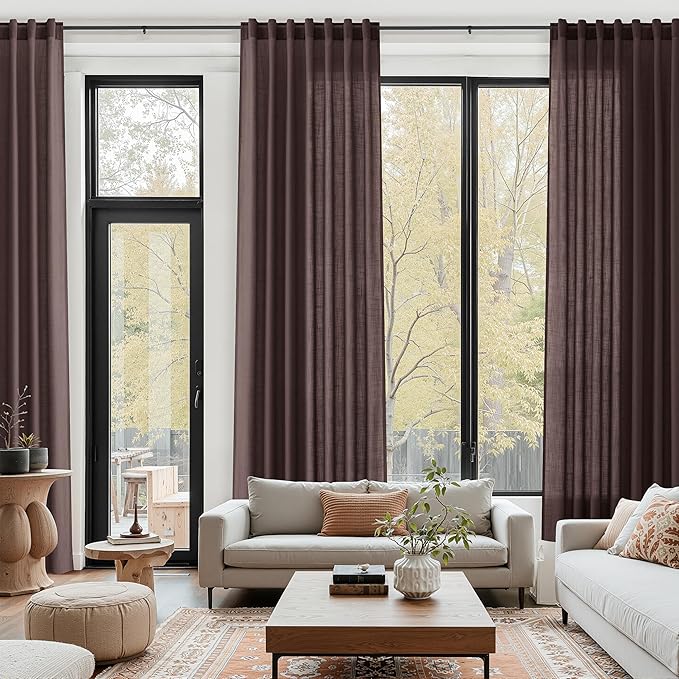 Coffee Brown Linen Curtains for Living Room 126 Inches Long Light Filtering Semi Sheer Curtain Back Tab Modern Rustic Home Decor Neutral Drapes Floor to Ceiling High Window for Bedroom 52x126,2 Panels