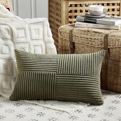 Fancy Homi 2 Packs Olive Green Lumbar Decorative Throw Pillow Covers 16x32 Inch for Living Room Couch Bed, Farmhouse Boho Home Decor, Soft Striped Corduroy Rectangle Accent Cushion Case 40x80 cm