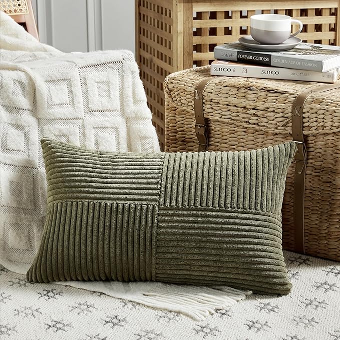 Fancy Homi 2 Packs Olive Green Lumbar Decorative Throw Pillow Covers 20x28 Inch for Living Room Couch Bed, Farmhouse Boho Home Decor, Soft Striped Corduroy Rectangle Accent Cushion Case 50x70 cm