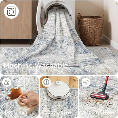 Kitchen Runner Rug Non Slip - 2.5 x 8 Runners for Hallways, Entryway, Bedroom, Washable Runner Rugs for Bathroom, Laundry Room, Low Pile Soft Vintage Area Rug(2.5'x8', Blue/Brown/Ivory)