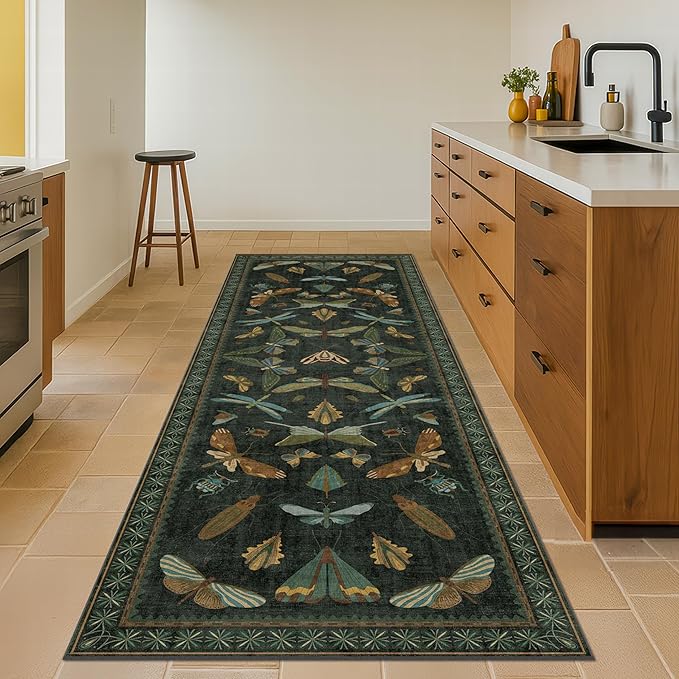 Hazo Haus 8 ft Long Hallway Runner Rug - Boho Green Rug for Kitchen Floor, Entrance Indoor, Washable Wide Runner Non Slip, Dark Green 2'6''x8'