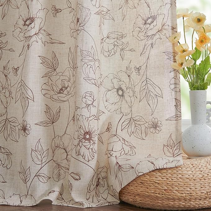 jinchan Floral Linen Curtains for Living Room 96 Inch Length Brown Flower Curtain Rod Pocket Back Tab Farmhouse Curtains with Printed Floral Bedroom Window Curtain Set, 2 Panels Brown