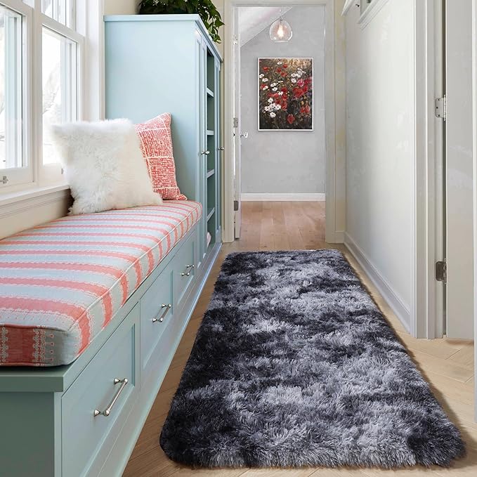 ONASAR Runner Rugs for Bedroom Living Room, Fluffy Tie-Dyed Dark Grey 2x6 Bedside Hallway Area Rug, Ultra Soft Plush Furry Faux Fur Non Slip Floor Carpet for Nursery Kids Dorm Closet Home Decor