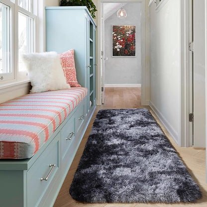 ONASAR Runner Rugs for Bedroom Living Room, Fluffy Tie-Dyed Dark Grey 2x6 Bedside Hallway Area Rug, Ultra Soft Plush Furry Faux Fur Non Slip Floor Carpet for Nursery Kids Dorm Closet Home Decor