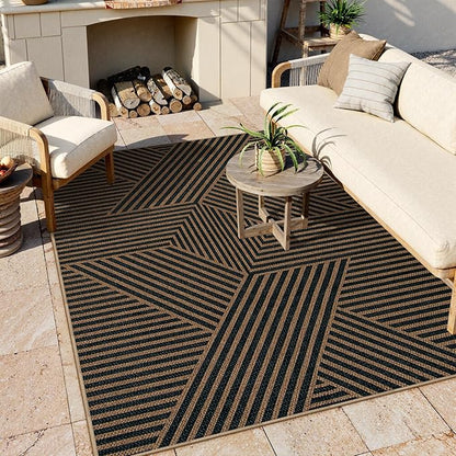 Lahome Enfys Modern Geometric Outdoor Easy Jute Rug, 5x7 Patio Living Room Rug Large Black Carpet for Bedroom, Farmhouse Washable Indoor Outdoor Carpet for Dining Room Backyard Deck