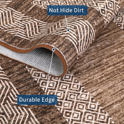 GarveeHome Modern Geometric Area Rug 2x3 Distressed Bordered Washable Non Slip Floor Small Carpet Non Shedding Thin Soft Low Pile Rug, Contemporary Gray Rug for Dining Room, Living Room Dark Brown
