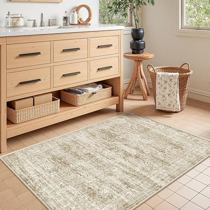 3x4 Washable Area Rug for Entryway, Soft Kitchen Rugs Non Slip for Dining Room, Vintage Abstract Living Room Rug, Thin Area Rugs Indoor for Bedroom, Kids Room Decor(3'x4', Brown/Ivory)