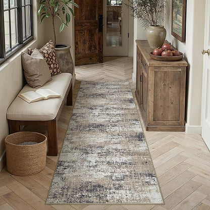 2x8 Abstract Runner Rug Brown Washable Modern Hallway Carpet Non Slip Ultra Soft Neutral Low Pile Contemporary Long Rug for Bathroom Laundry Kitchen Bedroom
