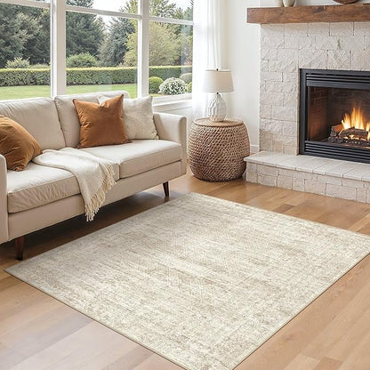 UERMEI Square Area Rugs : Washable 6x6 Neutral Modern Abstract Carpet for Living Room Bedroom - Soft Floor Mat with Non Slip Backing for Kitchen Nursery Dorms Farmhouse Home Decor - Beige/Brown