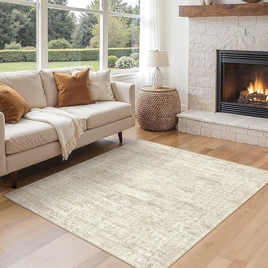 UERMEI Square Area Rugs : Washable 6x6 Neutral Modern Abstract Carpet for Living Room Bedroom - Soft Floor Mat with Non Slip Backing for Kitchen Nursery Dorms Farmhouse Home Decor - Beige/Brown