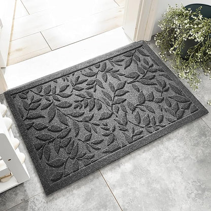 Grey Leaves Outdoor Indoor Entrance Doormats, Absorbent Durable Heavy Duty Welcome Front Door Mat,Thick Natural Rubber Back,Easy Clean Entryway Mat 17x30 Inch, Low Profile