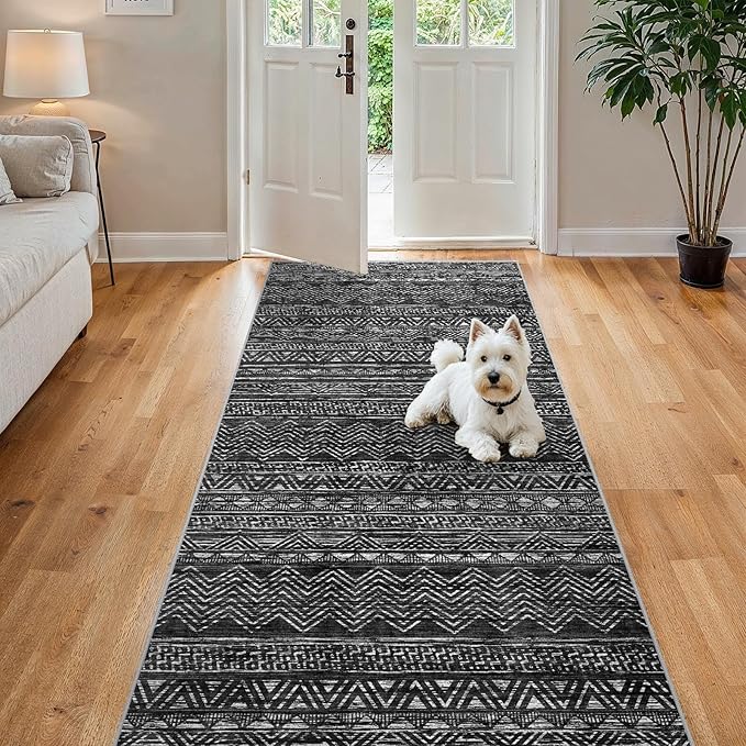 4x8 Washable Hallway Runner Rug：Moroccan Non-Slip Wide Runners for Entryway Kitchen Soft Modern Geometric Low-Pile Rugs for Living Room Thin Waterproof Carpet for Bedroom Bathroom Laundry(Black,4x8)