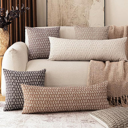 Foindtower Set of 2 Decorative Vintage Long Lumbar Throw Pillow Covers Neutral Modern Farmhouse Cushion Covers Floral Home Decor for Sofa Couch Chair Bedroom Living Room,14×36 Inch,Wine Red