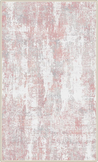 Area Rugs 3x5 for Living Room Bedroom, Modern Abstract Machine Washable Rug, Soft Low Pile Floor Carpet with Non Slip Backing for Entryway, Pink/Grey