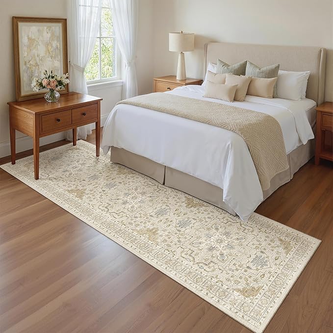 Madane Kitchen Runner Rug - 2x7 Runner Rugs with Rubber Backing Non Slip Vintage Washable Rug Runner Ultra-Thin Throw Carpet Runners for Hallways Bedroom Laundry Room (2'x7', Beige/Blue)