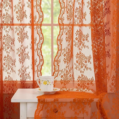 YJ YANJUN Vintage Lace Curtains 90 Inches Long-Rustic Floral Burnt Orange Sheer Curtain Panels for Bedroom Dining Room Office,Light Filtering, Boho Neutral Aesthetic Decor 52 Wx90L Terracotta
