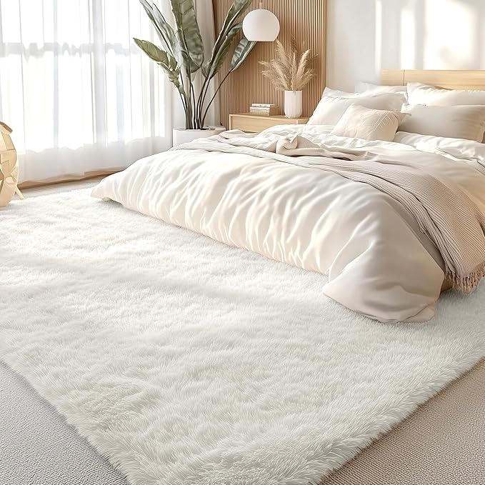 OLANLY 9x11 Machine Washable Large Area Rugs for Living Room, Bedroom, Soft Fluffy Shaggy Bedside Rug, Indoor Floor Carpet for Kids Girls and Boys, Dorms, Nursery, Home Decor Aesthetic, Ivory
