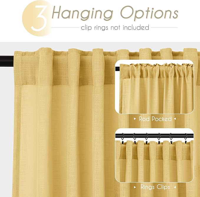 Gold Curtains for Living Room Back Tab Modern Farmhouse Semi Sheer Curtains 120 inches Long 2 Panels Set Muted Neutral Window Curtain for Dining Room Bedroom 52x120