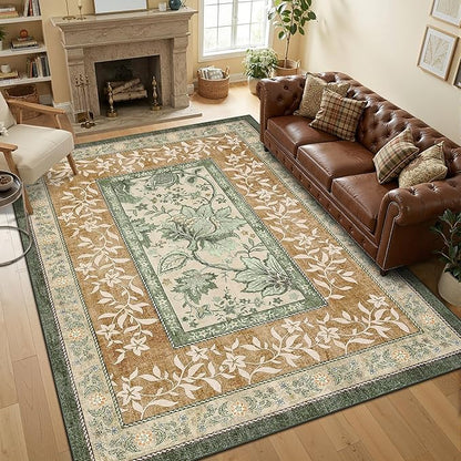 GarveeHome Terracotta Olive Sage Green Washable 5x7 Area Rugs, Botanical Grove Vintage Cottage core Non-Slip Rug for Bedroom Living Room Nursery Kitchen Low-Pile Retro Carpet