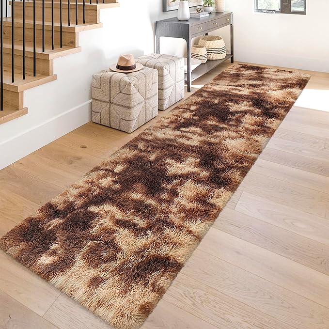 Super Soft Fluffy Living Room Area Rug 2x10 ft Tie-Dyed Brown Shaggy Furry Carpet Washable Non-Slip Floor Rugs Bedroom Bedside Nursery Rug Fuzzy Girls Boy Dorm Home Decor Aesthetic