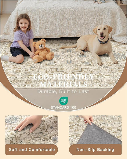 Madane Hallway Runner Rug 2'6''x12', Non Slip Vintage 12ft Runners for Hallways Washable Kitchen Rugs Soft Low Pile 2.5x12 ft Rug Runner for Laundry Room, Entryway and Bedroom, Beige/Blue