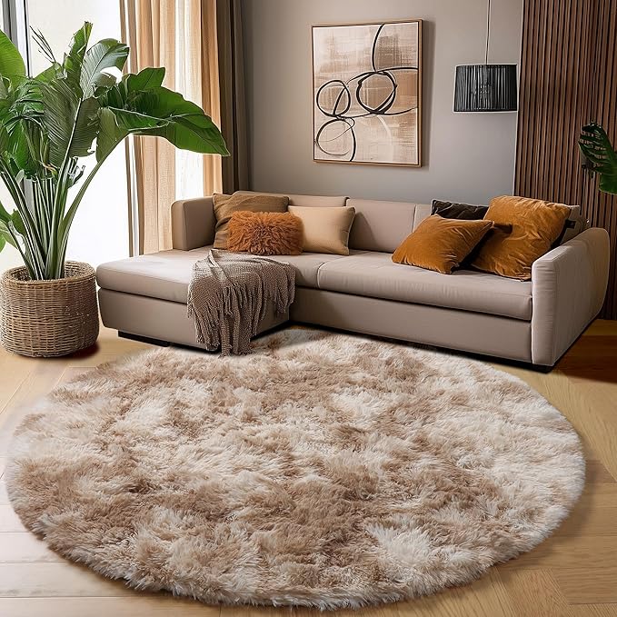 Amdrebio Tie-Dyed Beige Tan Round Area Rug 4Ft for Bedroom, Fluffy Plush Shag Furry Circle Rugs for Kids Room, Living Room Decor Aesthetic, Cute Fuzzy Neutral Carpet for Baby Nursery Playroom Dorm