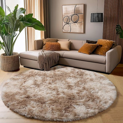 Amdrebio Tie-Dyed Beige Tan Round Area Rug 4Ft for Bedroom, Fluffy Plush Shag Furry Circle Rugs for Kids Room, Living Room Decor Aesthetic, Cute Fuzzy Neutral Carpet for Baby Nursery Playroom Dorm