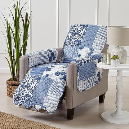 Great Bay Home Reversible Patchwork Recliner Cover - Washable Slipcover Furniture Protector with Elastic Straps - Perfect for Kids & Pets - Box-Stitched Detail (Navy)