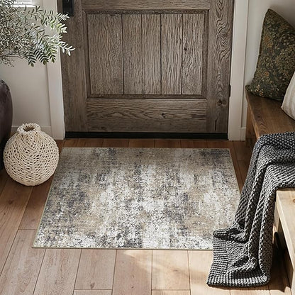 PureCozy 2x3 Abstract Area Rug Brown Washable Modern Entryway Carpet Non Slip Ultra Soft Neutral Low Pile Door Mat Contemporary Small Throw Rug for Bathroom Laundry Kitchen Dining Room