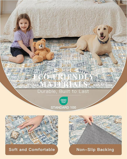 Madane Runner Rugs for Hallway 2x10 Long Washable Non-Slip Hallway Runner Rug Low-Pile Stair Kitchen Runner Soft Throw Carpet for Entrance Living Dining Laundry Room (Blue/Gold, 2 x 10)
